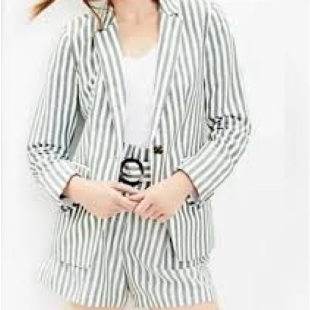 Loft Striped Linen Blend Modern Blazer Jacket Green White Spring Career Petite